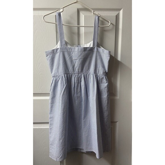 J Crew Factory Dress Size 14 Blue & White Stripe Seersucker Jumper Strappy - Picture 3 of 12